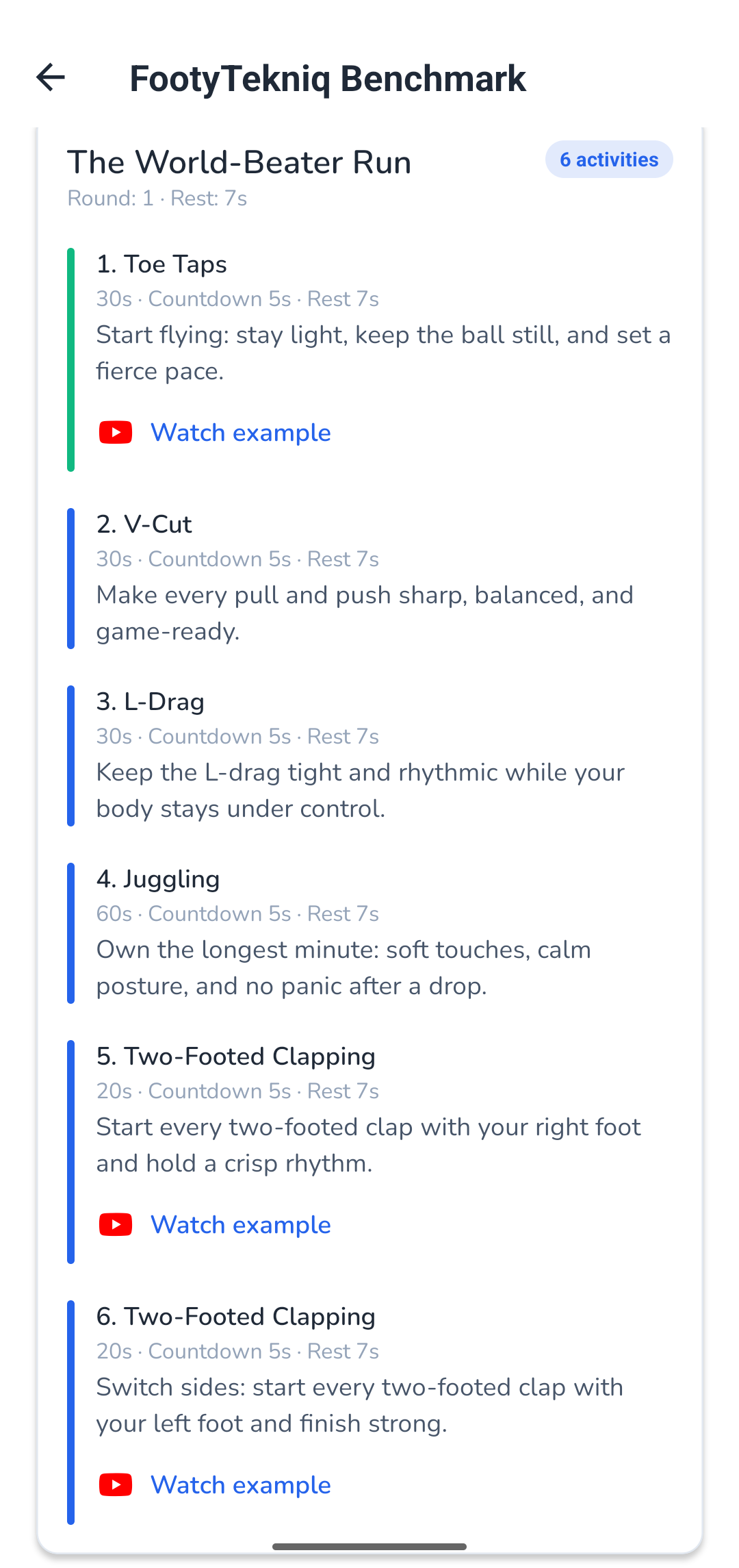 FootyTekniq benchmark workout drill list